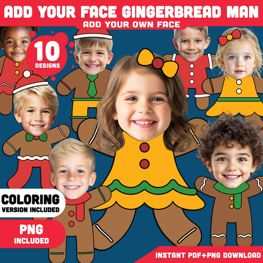 Add Your Face Gingerbread Man Craft, Christmas Add-Your-Face Templates, Winter Body Designs with Coloring Version Included, 10 High-Res PDF + PNG Files