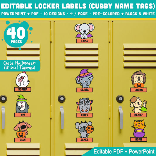 Editable Locker Labels (Cubby Name Tags), Cute Halloween Animal Themed, Pre-Colored + Black & White, PDF + PowerPoint, for Back to School & Merry Classroom Craft
