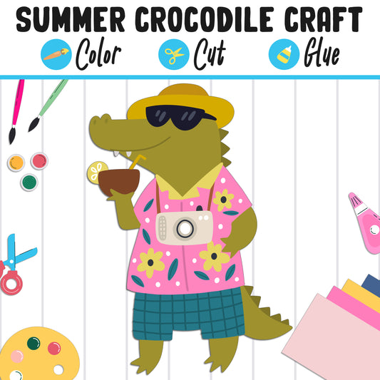 Summer Crocodile Craft for Kids: Color, Cut, and Glue, a Fun Activity for Pre K to 2nd Grade, PDF Instant Download