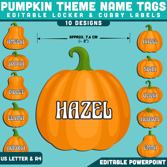 Pumpkin Theme Classroom Name Tags, Editable Autumn Labels, Fall Desk, Locker & Cubby Decor, 10 Designs, US Letter & A4, PowerPoint Template