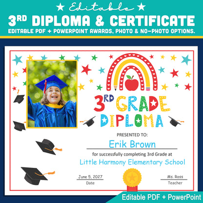 Editable 3rd Graduation Diploma & Certificate Set, Rainbow Stars Graduation Awards, Photo or No-Photo Options, Edit in PDF, PowerPoint, Canva