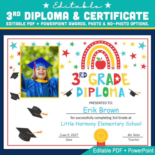 Editable 3rd Graduation Diploma & Certificate Set, Rainbow Stars Graduation Awards, Photo or No-Photo Options, Edit in PDF, PowerPoint, Canva