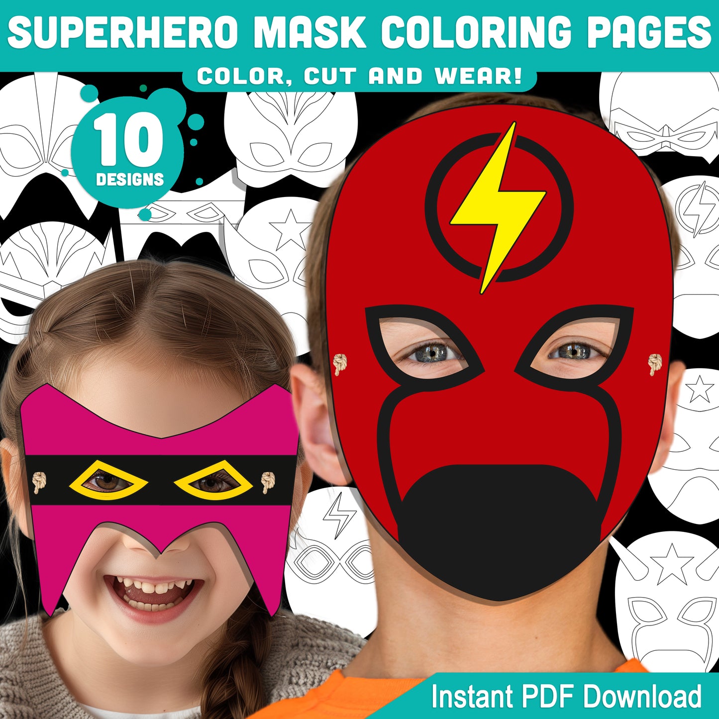 Superhero Mask Coloring Pages, Color Your Own Printable Masks Craft, Printable Coloring and Wear Activity, 10 Fun Designs, PDF, US Letter, A4
