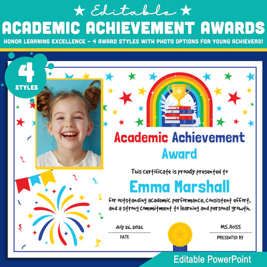 Printable Academic Achievement Awards with 4 Editable Styles and Photo Spaces, Editable PowerPoint File, Instant Download, 8.5x11 Inches