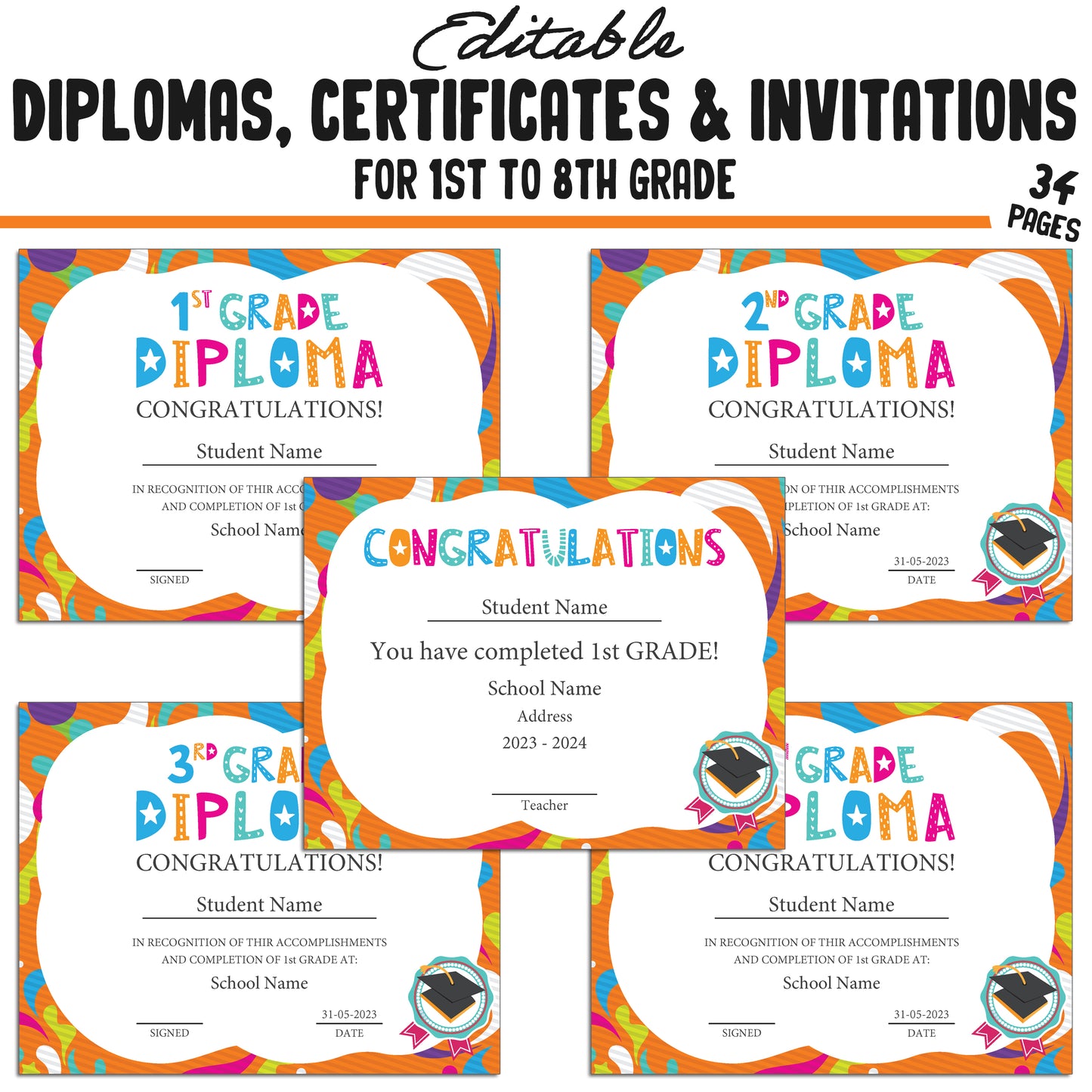 34 Editable 1st-8th Grade Certificates, Diplomas, and Invitation Templates, Orange-Themed, PDF Instant Download