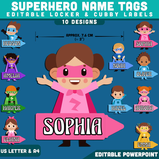 Superhero Name Tags, Editable Locker & Cubby Labels, Adventure Classroom Theme, PowerPoint Template, 10 Designs, Student Organization, US Letter, A4