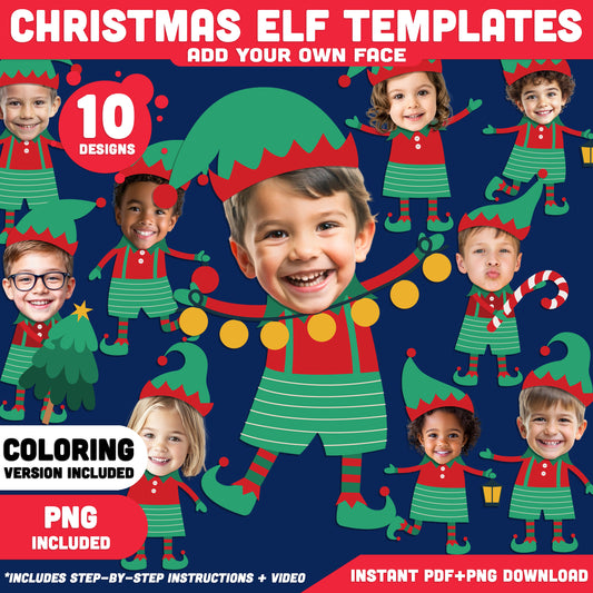 Christmas Elf Templates, Printable Face Craft for Kids, PDF + PNG, Coloring Version