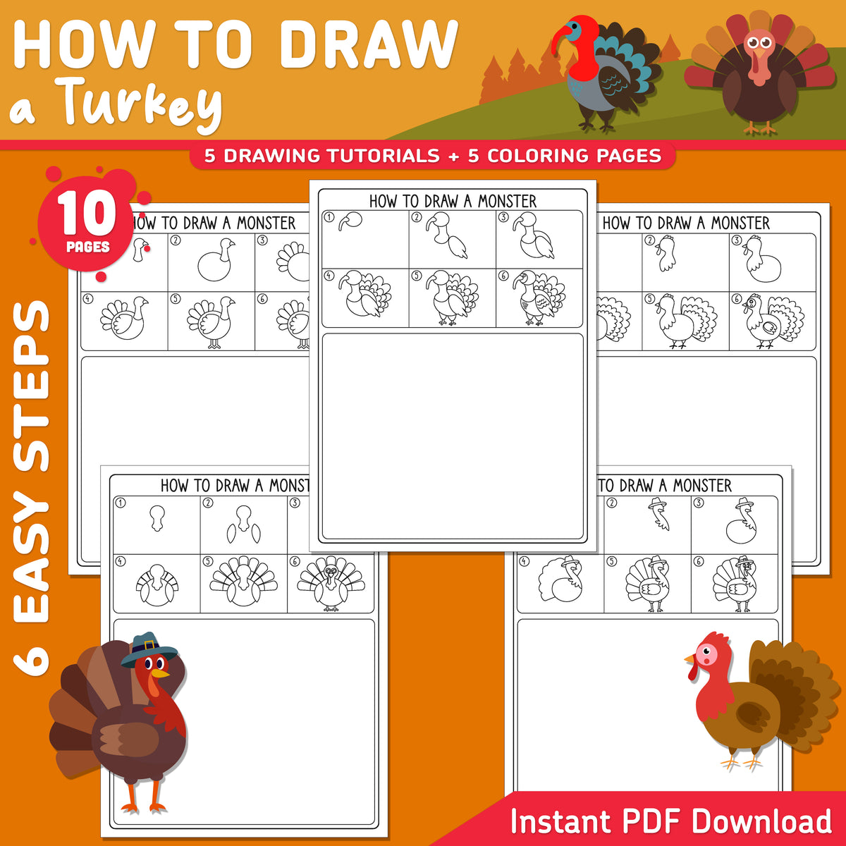 How to Draw a Turkey, Thanksgiving Directed Drawing, 6 Steps + 5 Coloring Pages