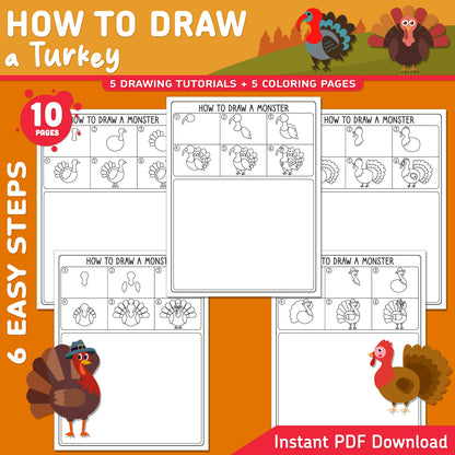 How to Draw a Turkey, Thanksgiving Directed Drawing, 6 Steps + 5 Coloring Pages