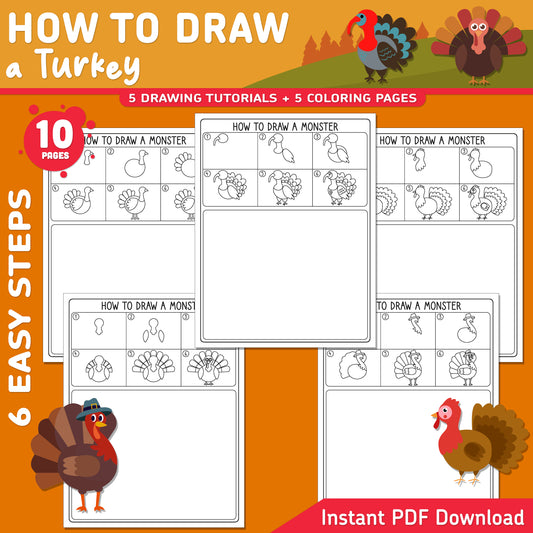 How to Draw a Turkey, Thanksgiving Directed Drawing, 6 Steps + 5 Coloring Pages