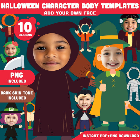 Printable Halloween Character Body Templates for Kids, 10 Designs, Light & Dark Skin Tone Included, High-Res 300 DPI PDF + PNG, Fun Face Craft