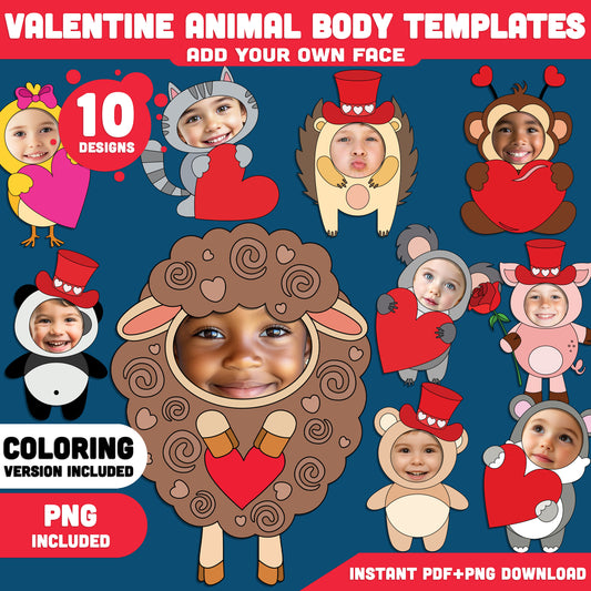Valentine Animal Body Templates – Add Your Own Face Craft with Coloring Pages, Valentine Art Activity for Kids, 10 Designs, PDF & PNG