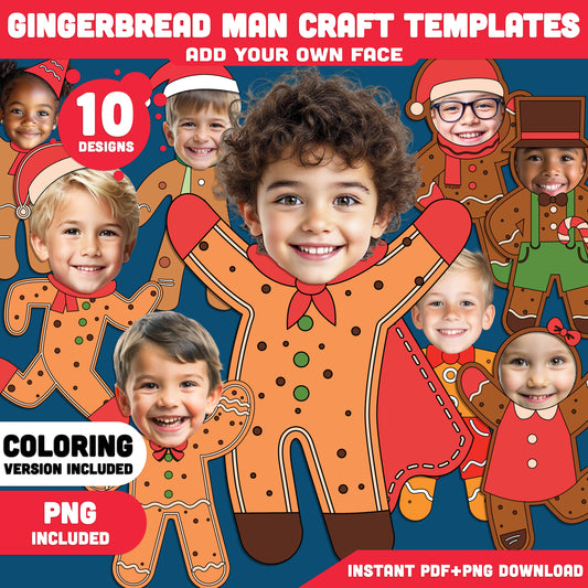 Gingerbread Man Craft Template – Add Your Photo, Winter Add-Your-Face Templates, Christmas Craft Set with Coloring Version Included, 10 High-Res PDF + PNG Body Designs