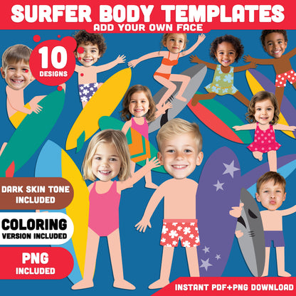 Add Your Own Face Surfer Craft for Kids, Surfer Body Templates, Summer Cut and Paste Activity, Surfing Photo Craft, Bulletin Board Display, Coloring Included