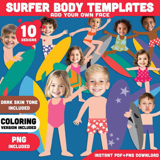 Add Your Own Face Surfer Craft for Kids, Surfer Body Templates, Summer Cut and Paste Activity, Surfing Photo Craft, Bulletin Board Display, Coloring Included