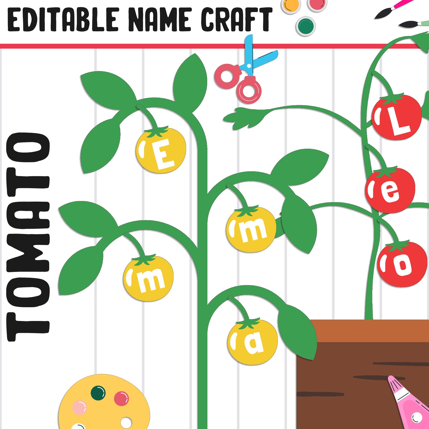 Tomato Name Craft Activity: Back-to-School Bulletin Board, 40 Pages, 5 Designs, Blank & Editable, Color and Black-and-White