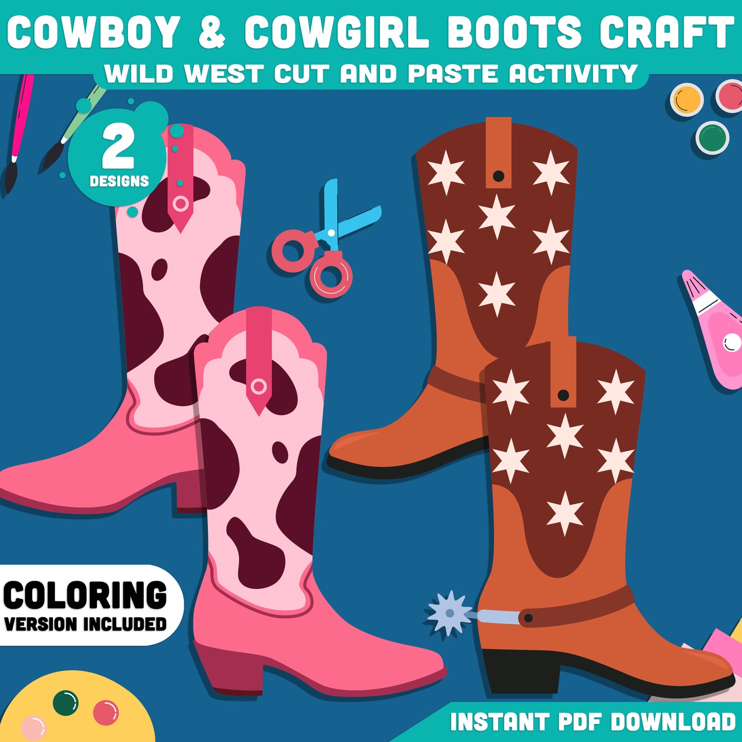 Cowboy & Cowgirl Boots Craft, Printable Wild West Activity, Western Cut and Paste Templates, Summer Classroom Project, Back to School PDF