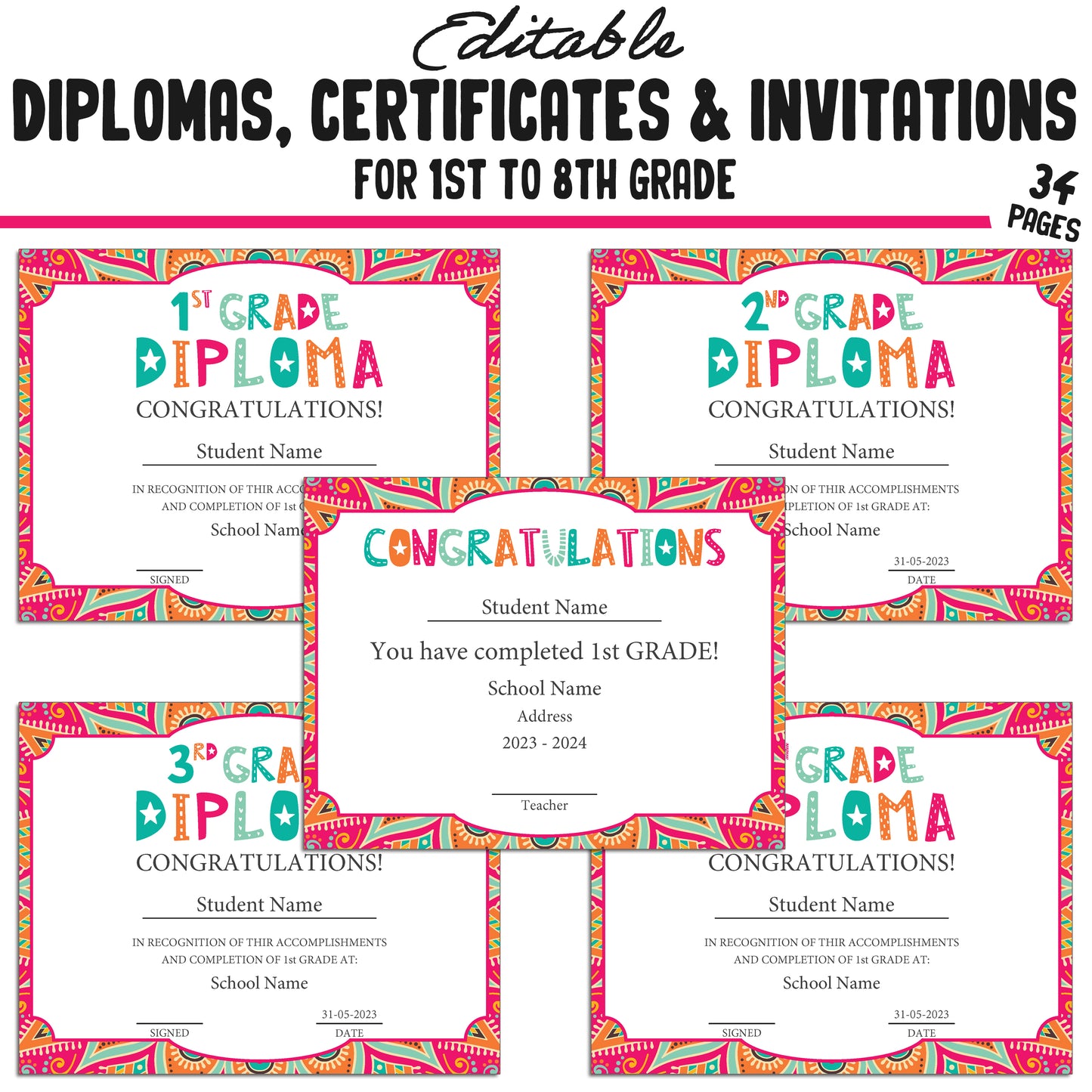 Printable 7th Grade Diplomas, Editable Certificates for 1st-8th Grades, Invitation Templates in Mandala Design, 34 Pages, Instant Download