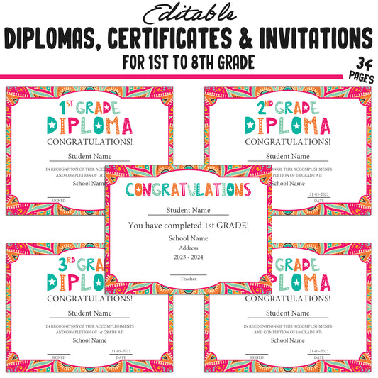 Printable 7th Grade Diplomas, Editable Certificates for 1st-8th Grades, Invitation Templates in Mandala Design, 34 Pages, Instant Download