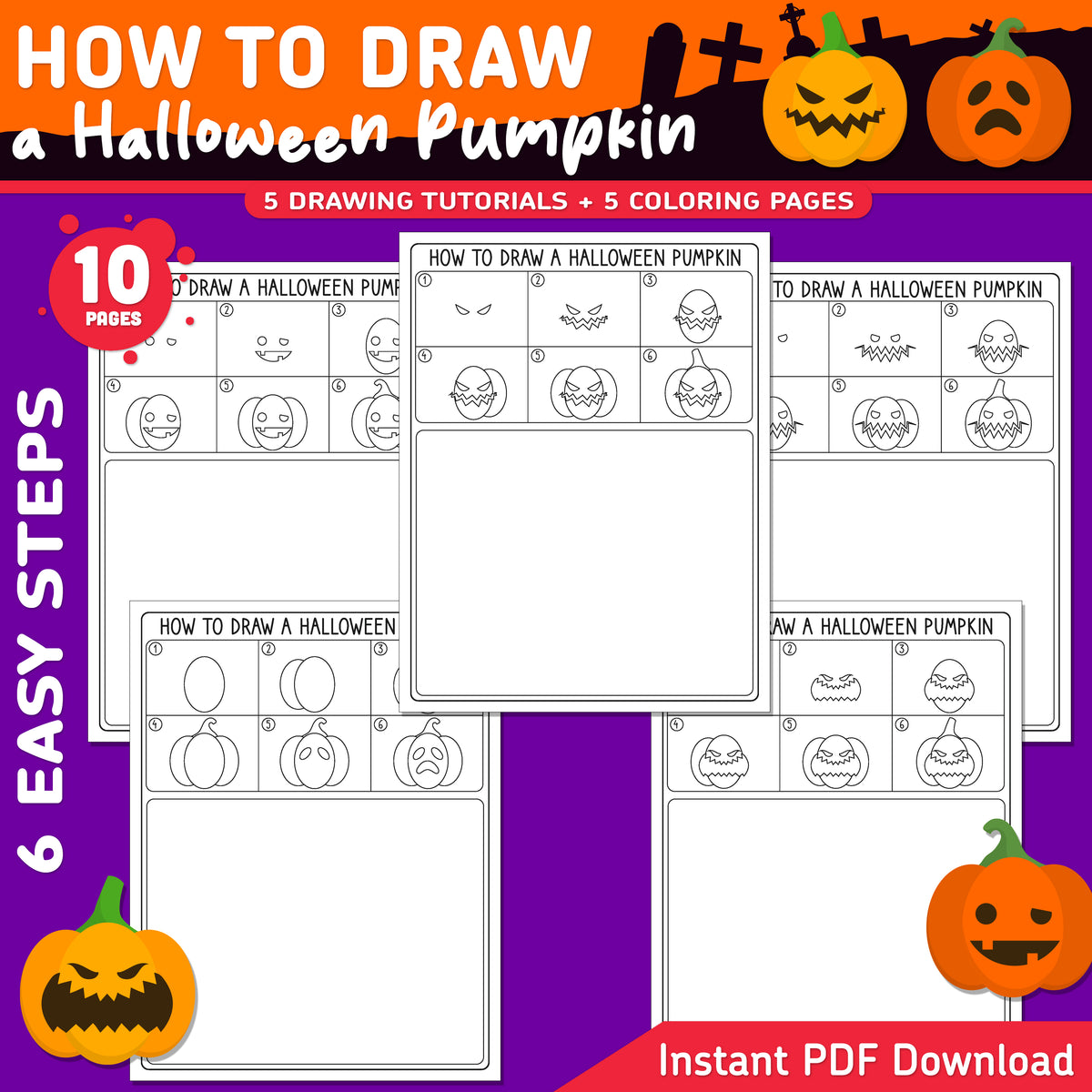 How to Draw a Halloween Pumpkin, Halloween Directed Drawing, Learn to Draw in 6 Easy Steps, Printable Worksheets, 5 Coloring Pages, A4 + Letter PDF