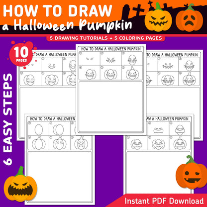 How to Draw a Halloween Pumpkin, Halloween Directed Drawing, Learn to Draw in 6 Easy Steps, Printable Worksheets, 5 Coloring Pages, A4 + Letter PDF