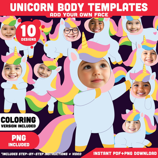 Unicorn Body Templates, Add Your Own Face Printable Craft, Whimsical Unicorn Printables, 10 Designs, Color, Black and White, PNG