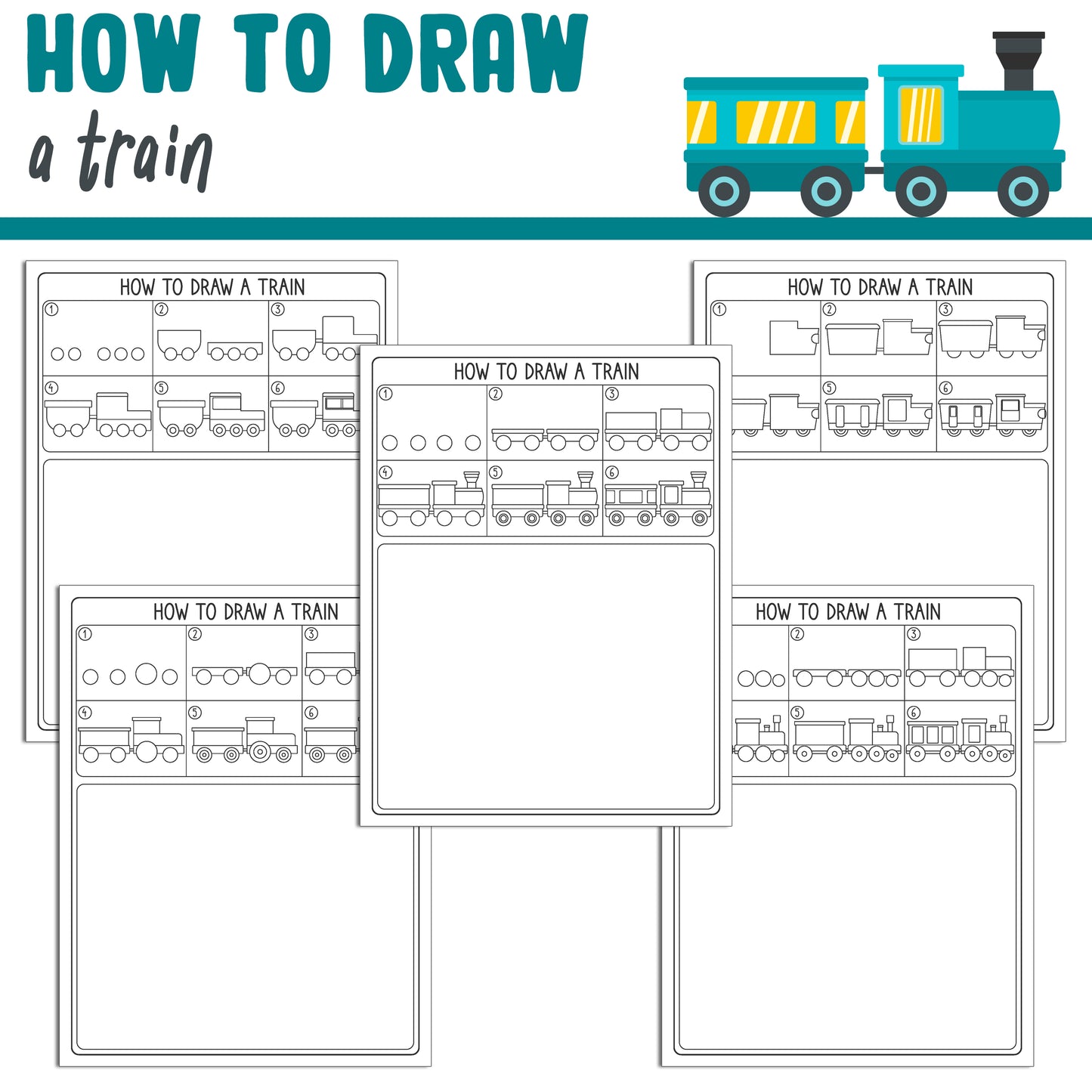 Learn How to Draw a Train Easy: Directed Drawing Step by Step Tutorial, Includes 5 Coloring Pages, PDF File, Instant Download.