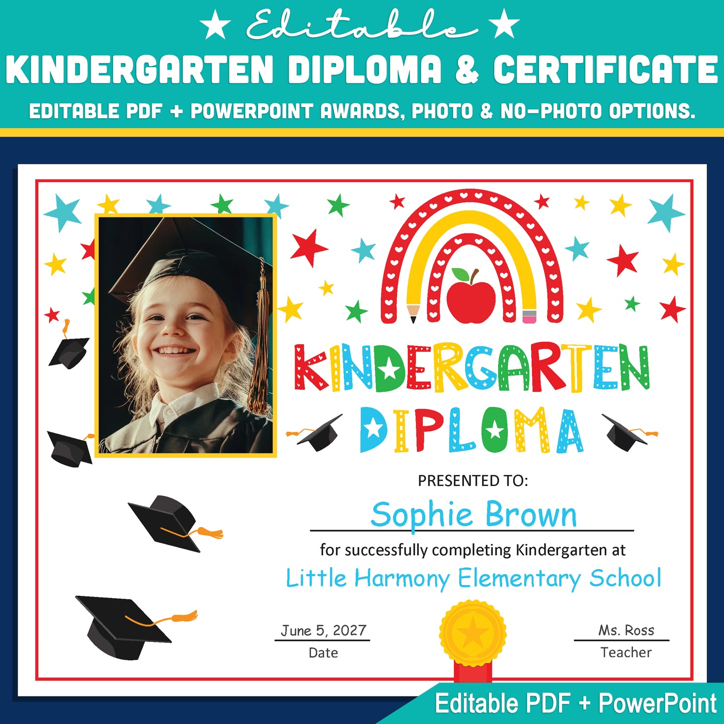 Editable Kindergarten Graduation Diploma & Certificate Set, Photo and No-Photo Awards, Edit in PDF PowerPoint or Canva, Rainbow Stars Graduation