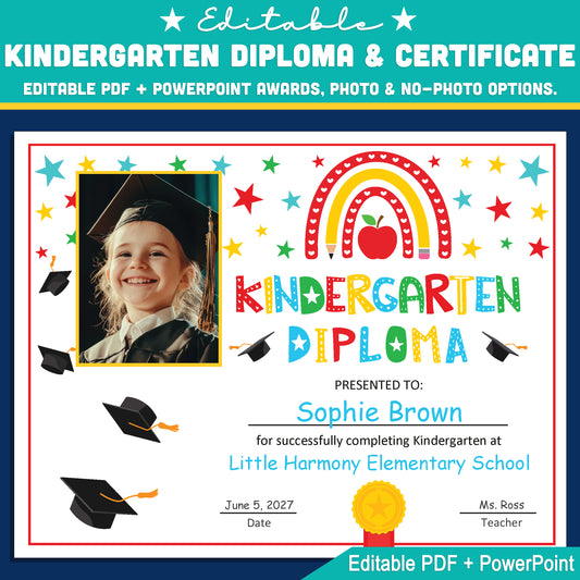 Editable Kindergarten Graduation Diploma & Certificate Set, Photo and No-Photo Awards, Edit in PDF PowerPoint or Canva, Rainbow Stars Graduation