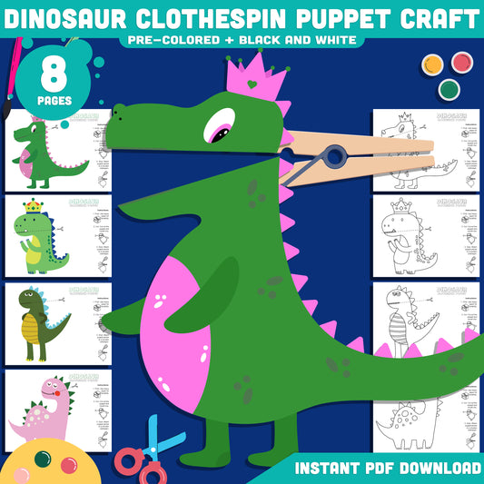 Dinosaur Clothespin Puppet Craft, Color Cut and Create Dinosaur Activity, Printable Puppet Templates for Kids PDF