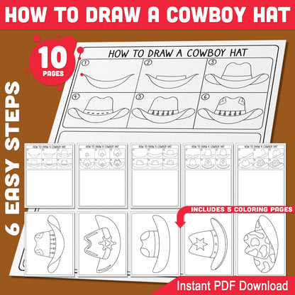 How to Draw a Cowboy Hat, Directed Drawing Activity, Easy Printable Drawing Guide, 6-Step Art Worksheets, 5 Coloring Pages, A4, US Letter PDF