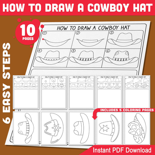How to Draw a Cowboy Hat, Directed Drawing Activity, Easy Printable Drawing Guide, 6-Step Art Worksheets, 5 Coloring Pages, A4, US Letter PDF