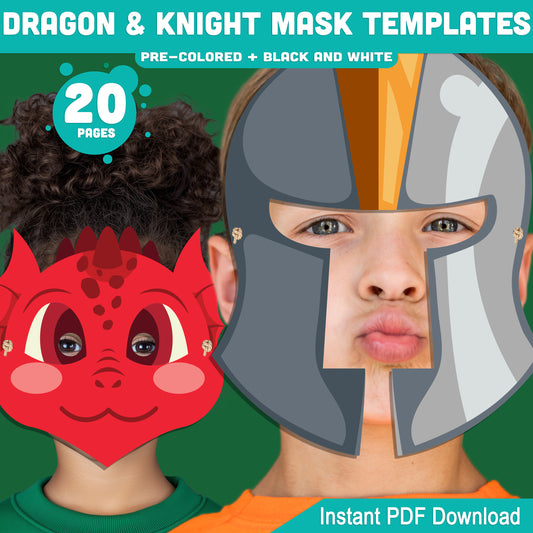 Dragon and Knight Mask Templates for Kids: 20 Fun Printable Pages for Drama & Craft Play, Pre-Colored + Black & White, PDF Download