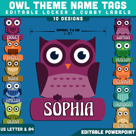 Owl Theme Name Tags, Editable Locker & Cubby Labels, Playful School Decor, PowerPoint Template, 10 Designs, 6 Tags Per Page, US Letter, A4