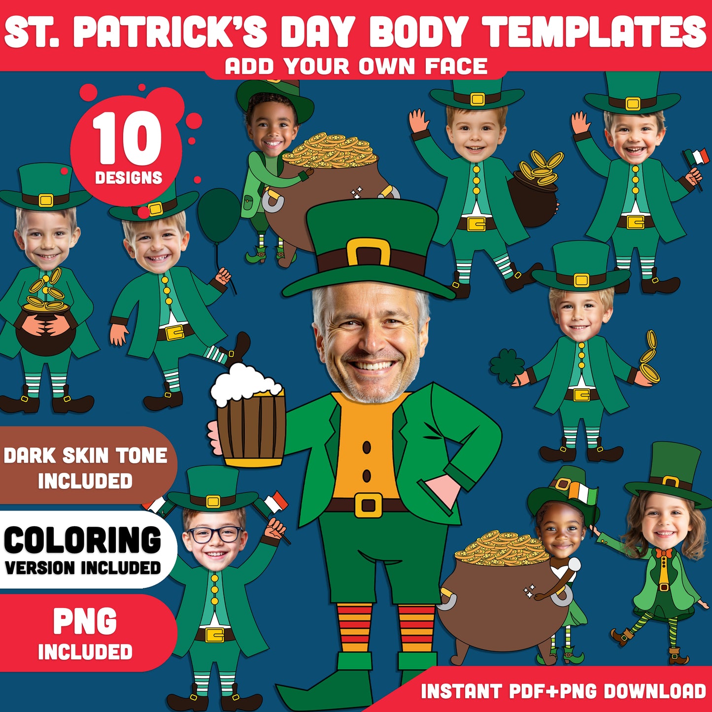 St. Patrick’s Day Body Clip Art - Leprechaun Add Your Own Face, Coloring Version Included, Fun Printable Craft for Kids