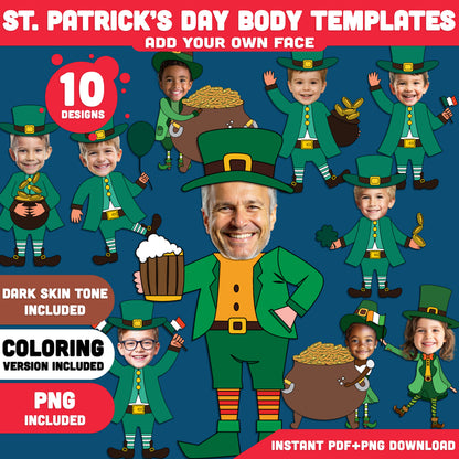 St. Patrick’s Day Body Clip Art - Leprechaun Add Your Own Face, Coloring Version Included, Fun Printable Craft for Kids