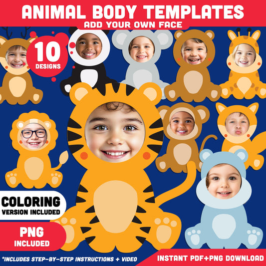 Animal Body Templates, Add Your Own Face Printable Craft, Printable Animal Characters, 10 Cute Designs, Color, Black and White, PNG