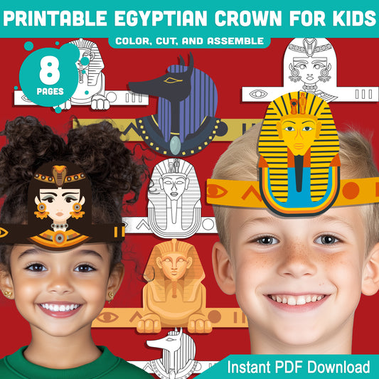 Printable Egyptian Crown for Kids, Pharaoh Cleopatra Sphinx Anubis Paper Hat and Headband Crafts, Fun Color Cut & Wear Activity, 5 Designs, PDF