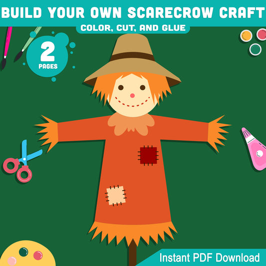 Build Your Own Scarecrow Craft, Autumn Cut and Assemble Activity, Fall Farm Theme Art, Pre-Colored & Black and White, Printable US Letter & A4