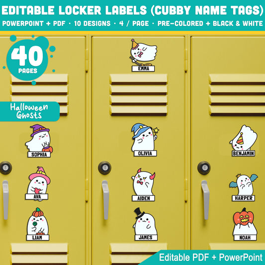 Editable Locker Labels (Cubby Name Tags), Cute Halloween Ghosts Themed, 10 Designs in PDF and PowerPoint, Pre-Colored + Black & White, 40 Pages