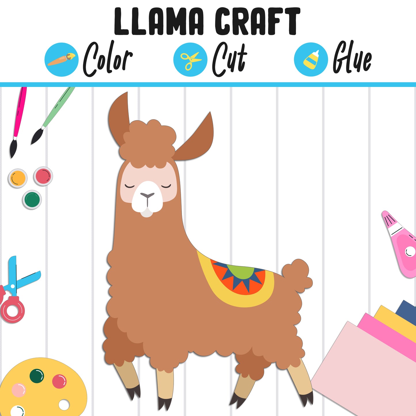 Llama Craft for Kids : Color, Cut, and Glue, a Fun Activity for Kindergarten to 2nd Grade, PDF Instant Download