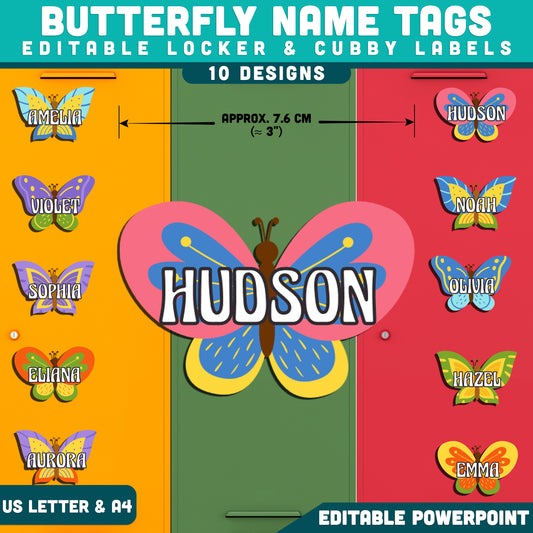 Butterfly Classroom Labels, Name Tags, Editable Locker & Cubby Organization, Back to School, PowerPoint, 10 Designs, US Letter, A4