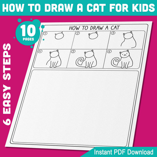 Step-by-Step Cat Drawing Guide for Kids: 5 Fun Pages of Drawing and Coloring Fun, Easy to Follow Tutorial, Perfect for Young Artists, PDF Instant Download, 10 Pages Total