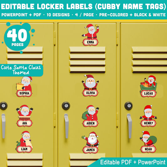 Editable Locker Labels (Cubby Name Tags), Cute Santa Claus Themed, 8.5x11", 4/Page, Pre-Colored + Black & White, PDF + PowerPoint, Perfect for Back to School or Christmas