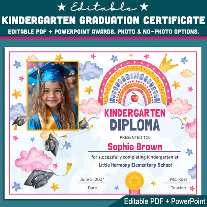 Kindergarten Graduation Certificate, Printable Rainbow Awards for End of School Year Celebration, Editable Kindergarten Keepsake Set Photo and No Photo, PDF PowerPoint