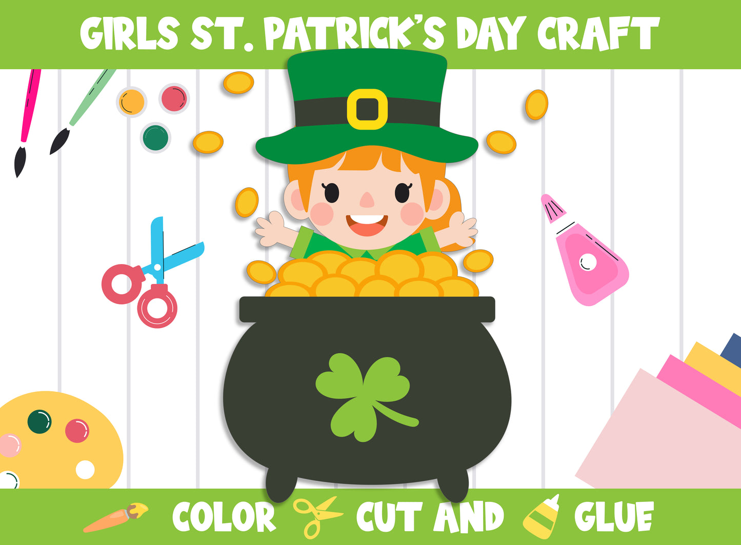 Girls St. Patrick's Day Craft Activity : Color, Cut, and Glue for PreK to 2nd Grade, PDF File, Instant Download