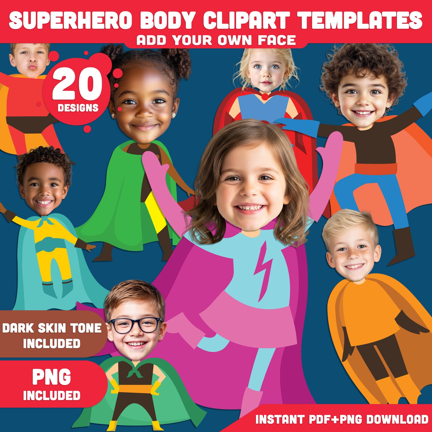 Kid Superhero Body Clipart Templates – Be the Hero! Add Your Face, Light + Dark Skin, PDF + PNG