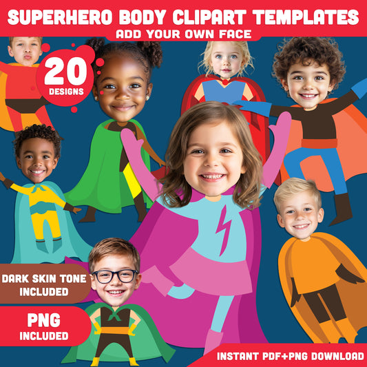 Kid Superhero Body Clipart Templates – Be the Hero! Add Your Face, Light + Dark Skin, PDF + PNG