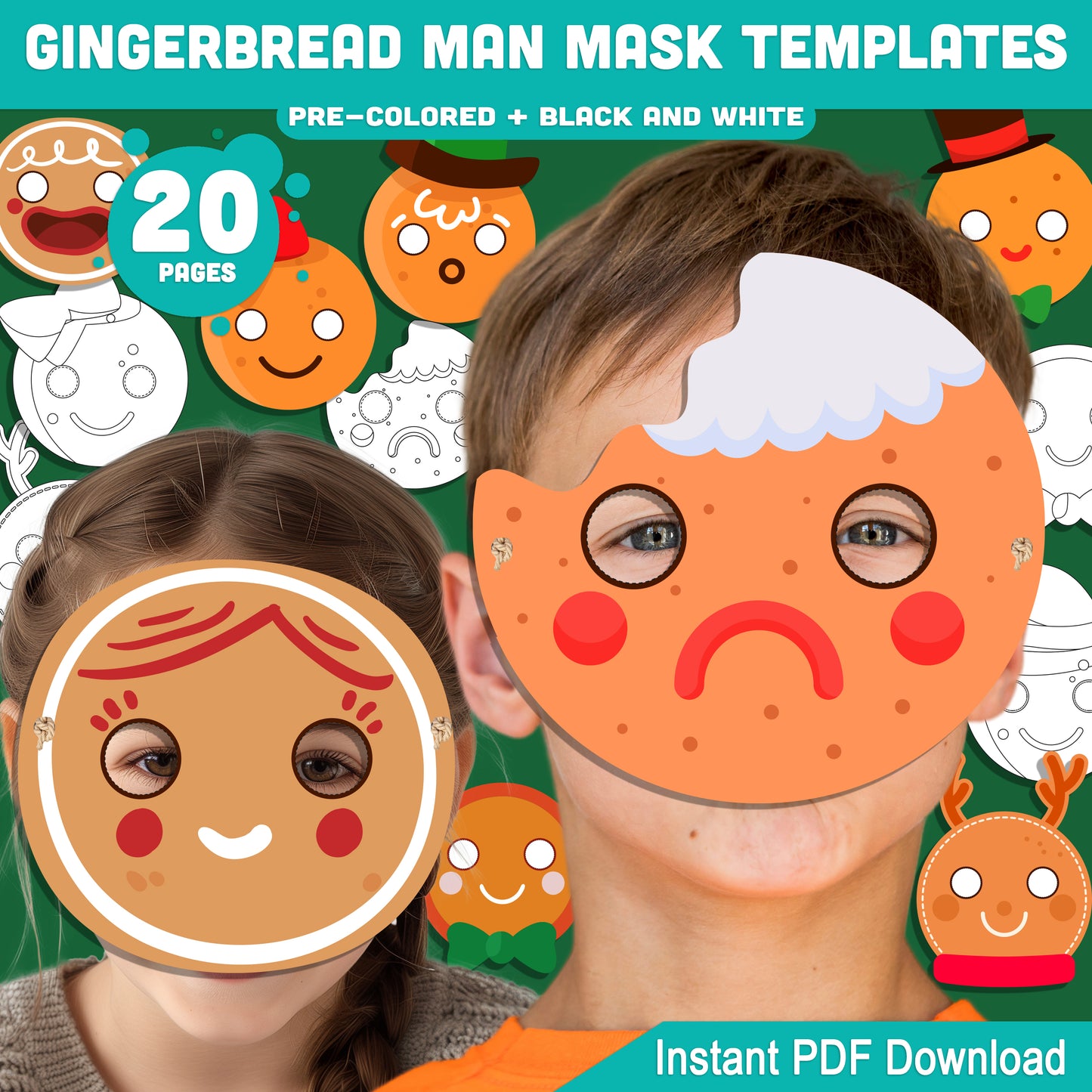 Printable Gingerbread Man Mask Templates: Holiday Craft for Kids, 10 Designs, Pre-Colored + Black and White, Perfect for School Plays, Parties, or Home Fun, PDF