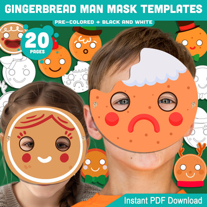 Printable Gingerbread Man Mask Templates: Holiday Craft for Kids, 10 Designs, Pre-Colored + Black and White, Perfect for School Plays, Parties, or Home Fun, PDF